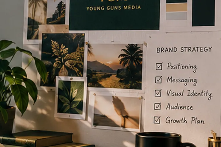 Two collaborators reviewing brand boards and visual identity concepts