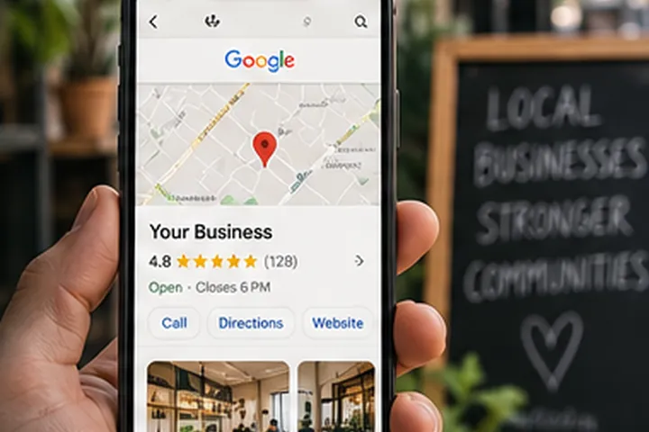 Neighborhood storefront, phone and map imagery for local business discovery