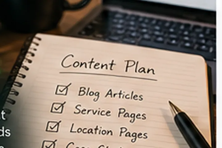 Editorial planning desk with papers and research notes for useful website content